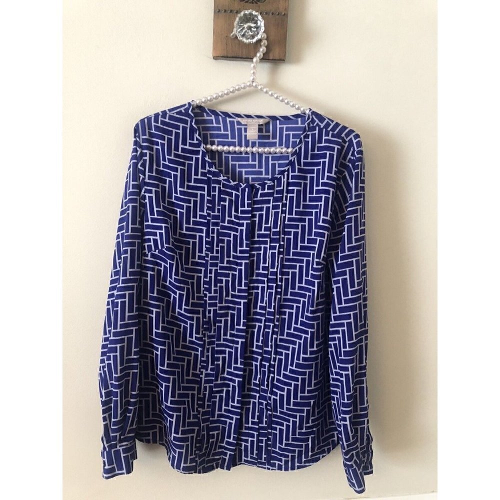 Banana Republic Womens Size Large Blue White Blouse Geometric Long Sleeve